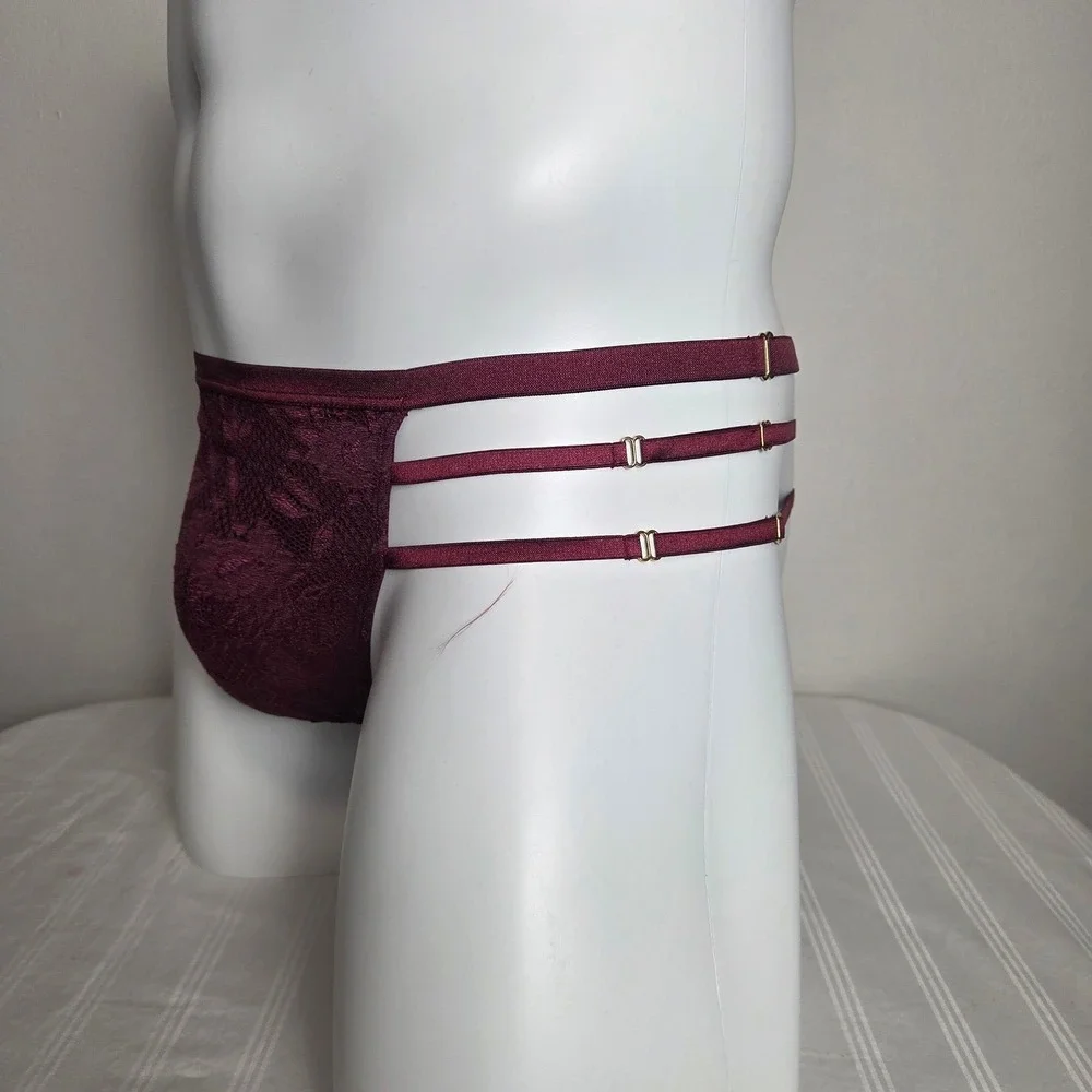 Cosabella Mens Bordeaux Floral Lace Triple Strap Adjustable Thong Underwear Vino